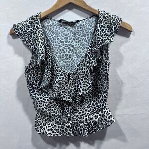 Zara Leopard Print Cropped Top Women's Size XS Ruffle Details Neckline